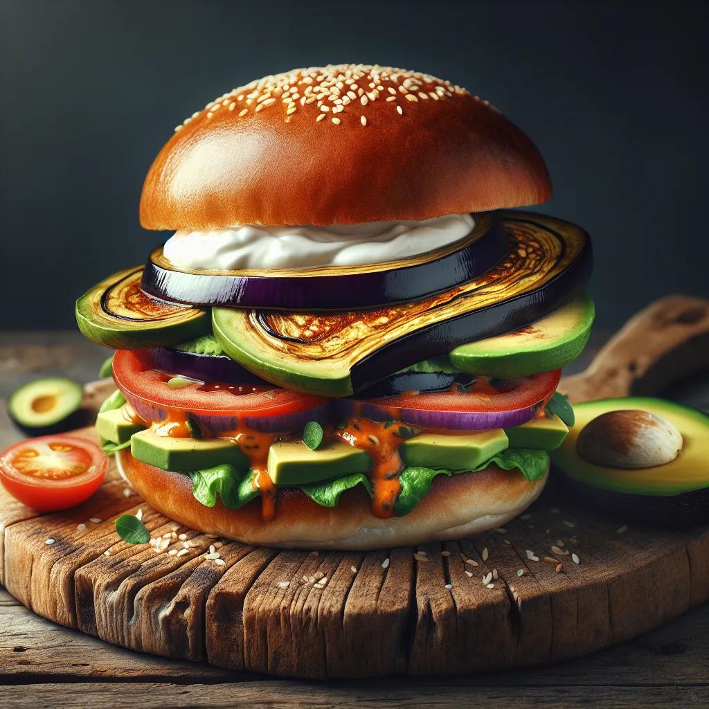 Auberginen-Burger mit Avocado und Tomate