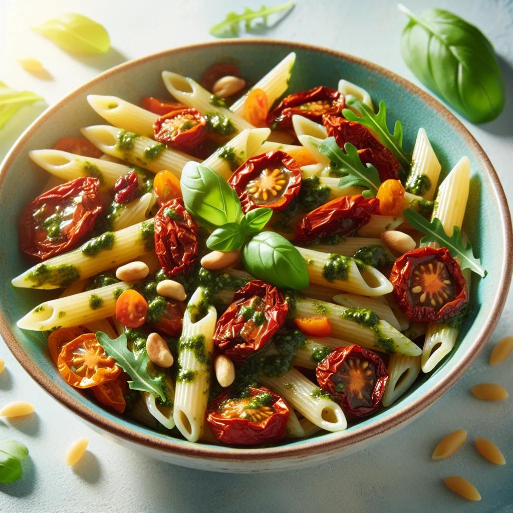 Bunter Nudelsalat mit Pesto und Pinienkernen