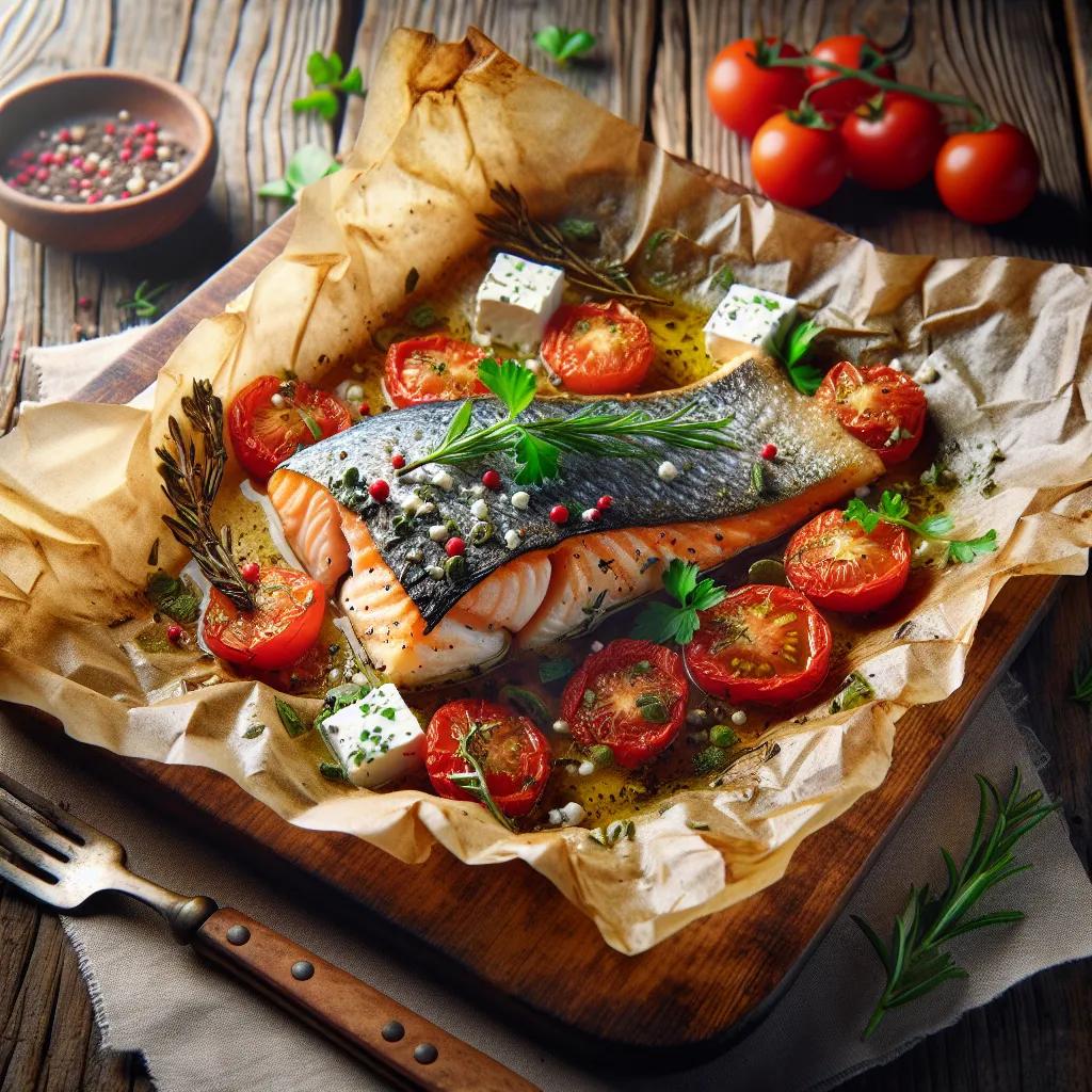 Fischfilet im Backpapier mit Tomaten und Schafskäse