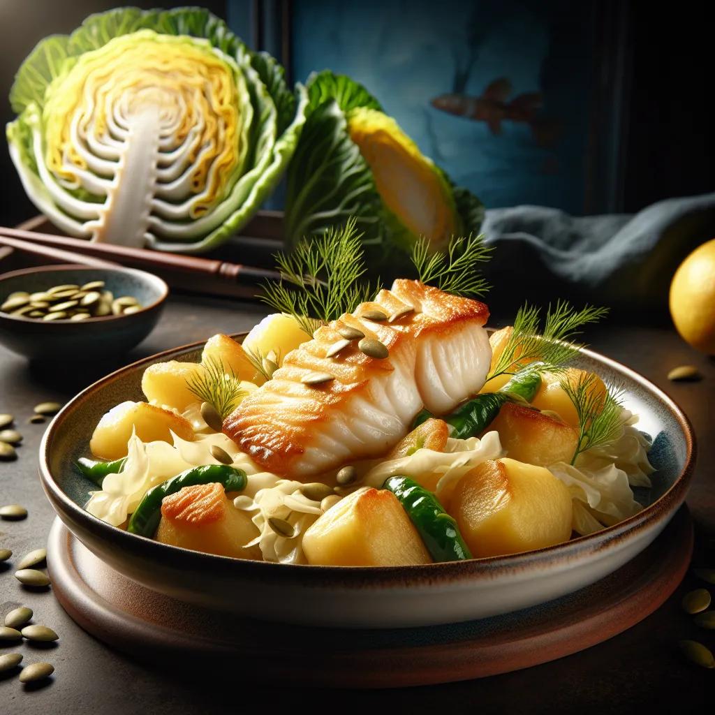 Fischgericht mit Kartoffeln und Chinakohl