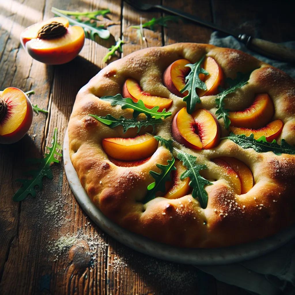 Focaccia mit Pfirsichen und Rucola