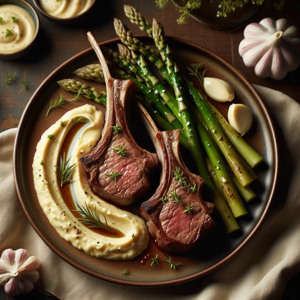 Lammkoteletts mit Kartoffel-Knoblauch-Püree und wildem Spargel