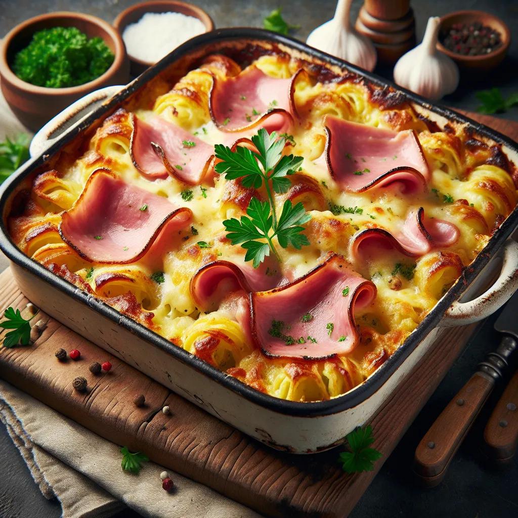 Maultaschen-Auflauf mit Schinken und Käse