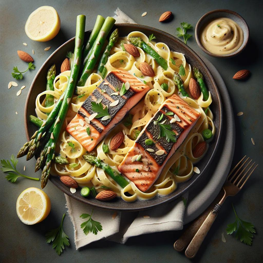Pasta mit Spargel, Lachs und Mandel-Sauce