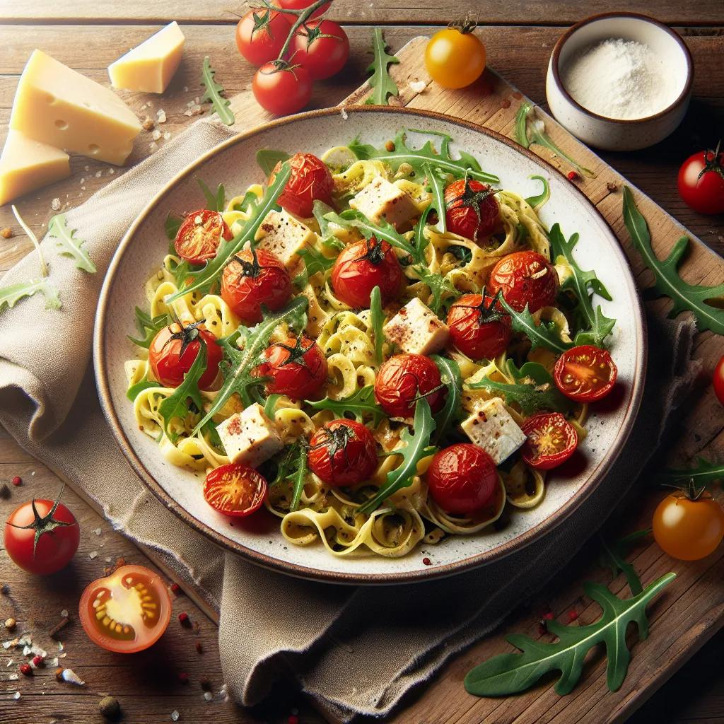 Rucola-Tomaten-Nudeln mit gebackenem Schafskäse