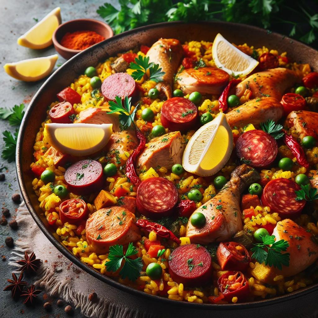 Spanische Paella mit Geflügel und Chorizo